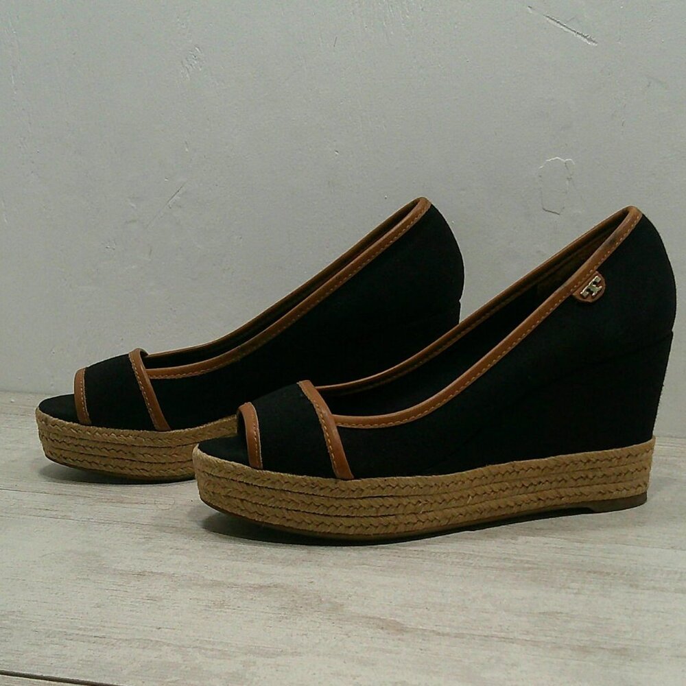 Tory Burch Majorca Peep Toe Wedge Canvas Black Tan Espadrille SZ 38.5 | 8.5 M - Picture 9 of 12
